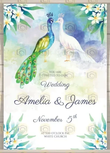 Watercolor Wedding Invitation Featuring An Elegant Peacock Design, Perfect For A Sophisticated Celebration